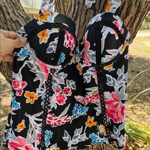 Sol Collective Floral Black Bustier Tankini Top 36D also fits 34DD/38C